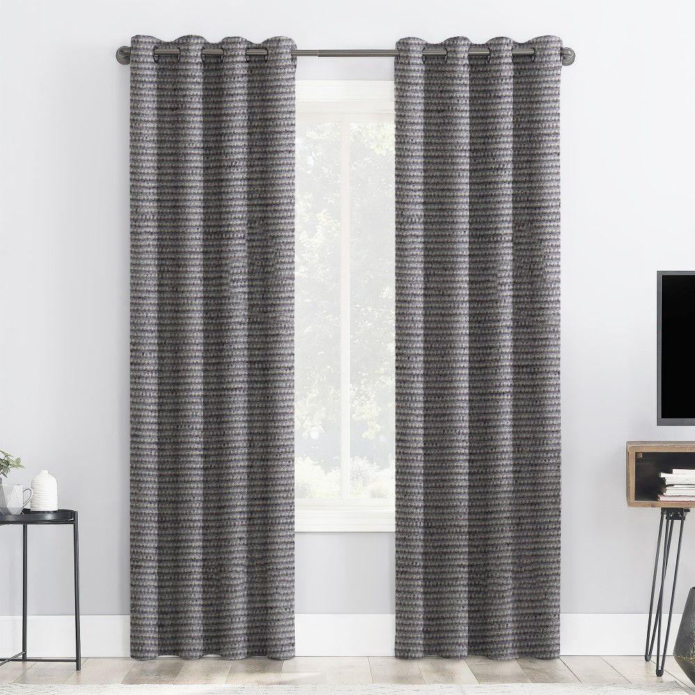 Self Textured Charcoal Silver Polyester Blackout Curtain (2 Panels)