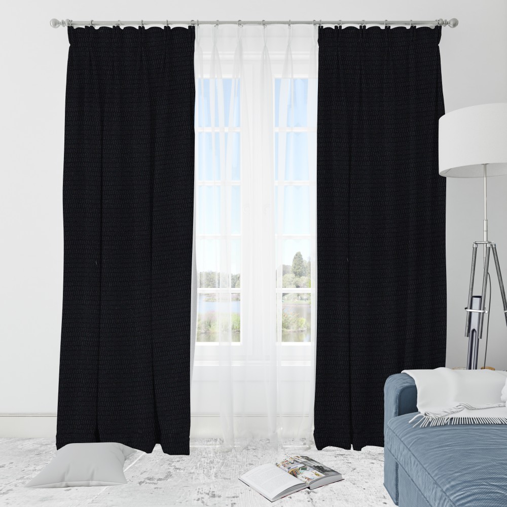 Self Textured Black Polyester Blackout Curtain (2 Panels)