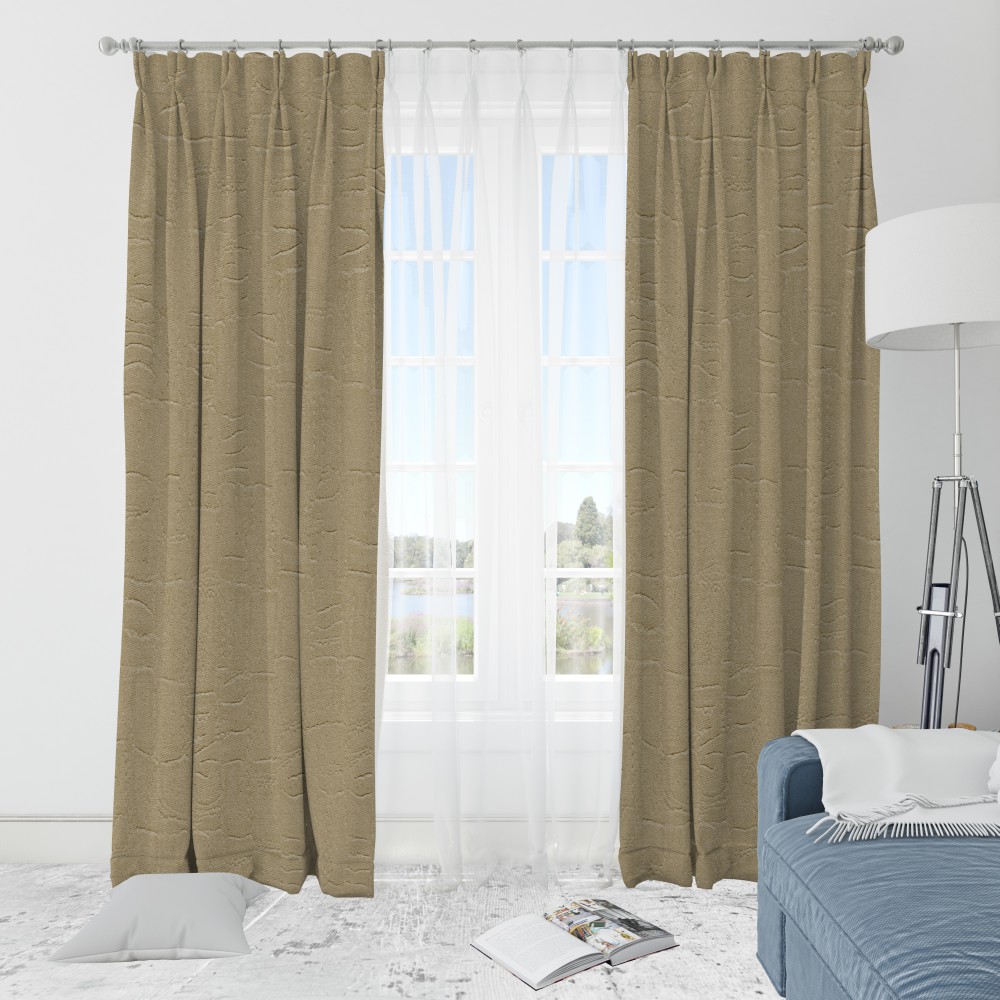 Self Textured Beige Polyester Blackout Curtain (2 Panels)