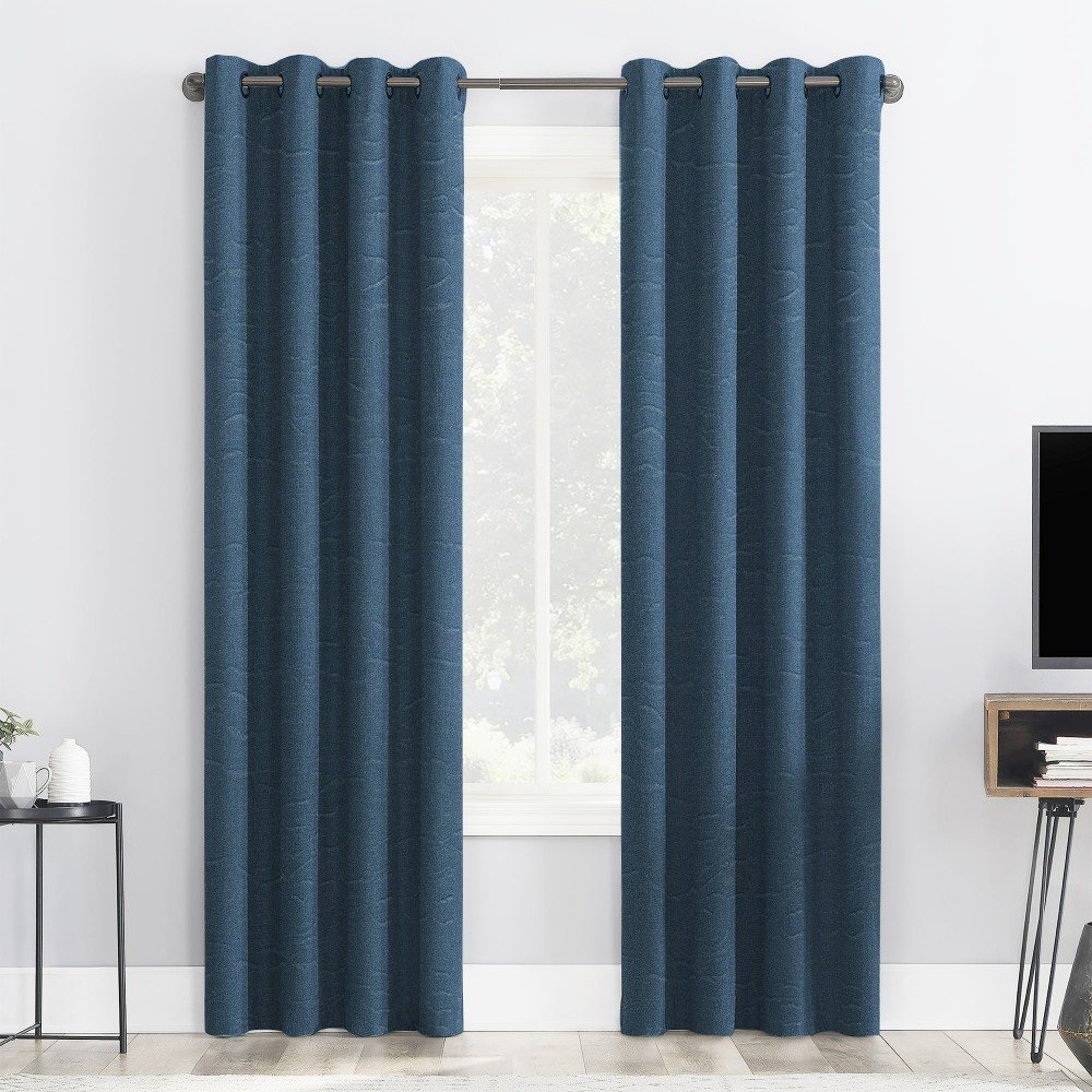 Self Textured Blue Polyester Blackout Curtain (2 Panels)