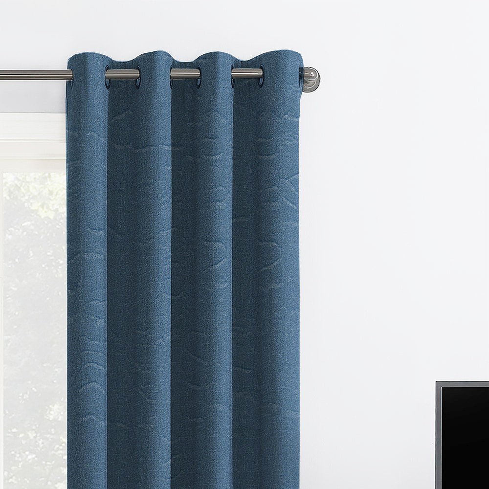 Self Textured Blue Polyester Blackout Curtain (2 Panels)