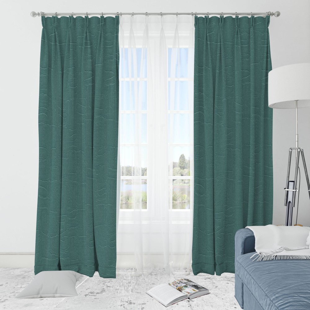 Self Textured Sea Green Polyester Blackout Curtain (2 Panels)