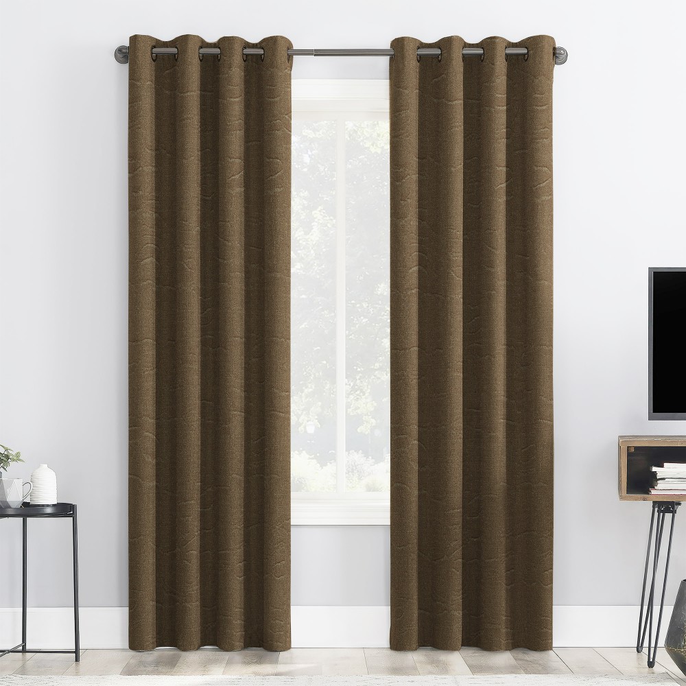 Self Textured Gloden Brown Polyester Blackout Curtain (2 Panels)