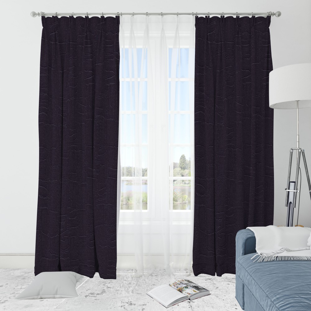 Self Textured Purple Polyester Blackout Curtain (2 Panels)