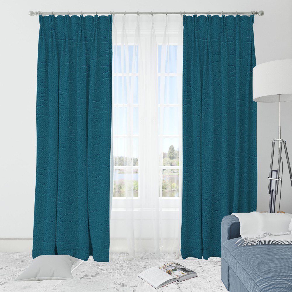 Self Textured Sky Blue Polyester Blackout Curtain (2 Panels)